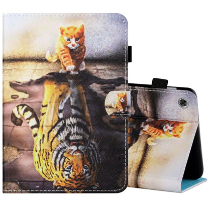 Painted flat leather tablet case with cat-and-tiger art, pen cover, card slot