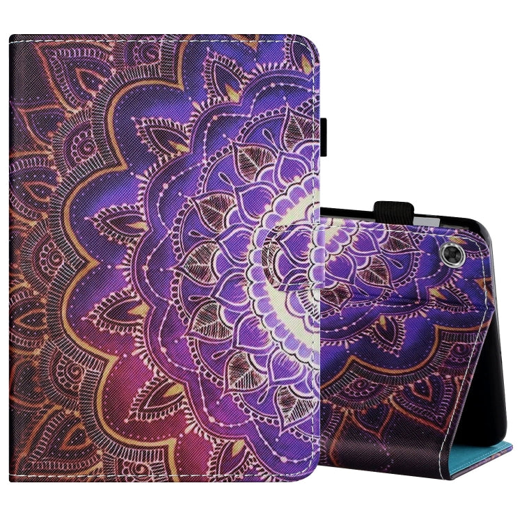 Painted flat leather tablet case with purple mandala art, pen cover, card slot