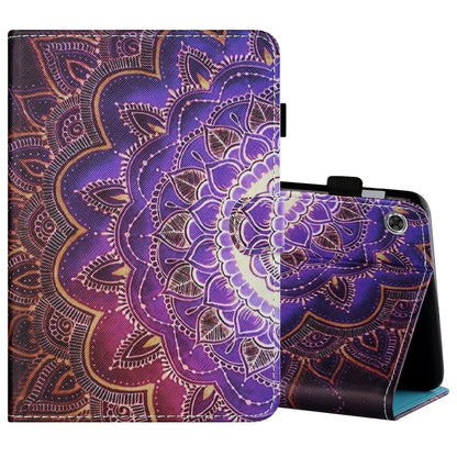 Painted flat leather tablet case with purple mandala art, pen cover, card slot