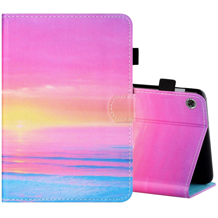Tablet folio case with pen cover and stand; pink-to-blue sunset gradient with right cutout