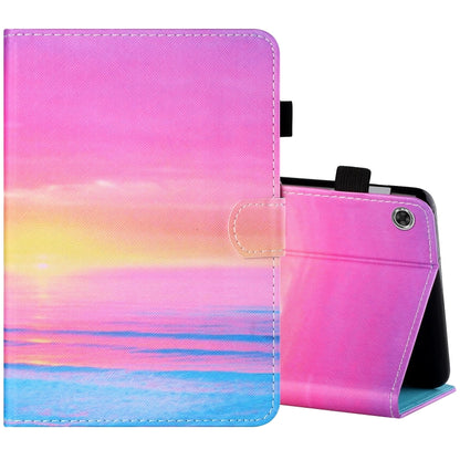 Tablet folio case with pen cover and stand; pink-to-blue sunset gradient with right cutout