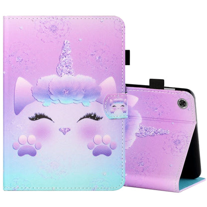 Painted leather-look tablet folio case with pastel unicorn and paw graphics, stand support