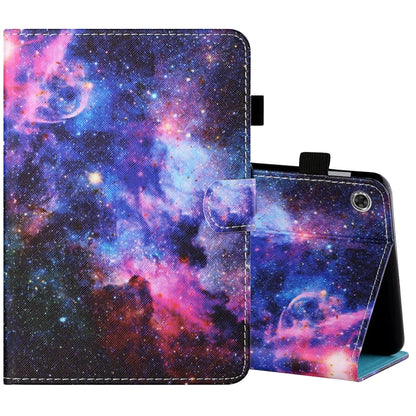 Printed tablet leather folio case with pen holder and starry galaxy artwork, front detail