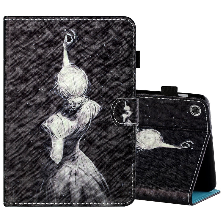 Printed tablet leather folio case with pen holder and cat and moon artwork, open stand