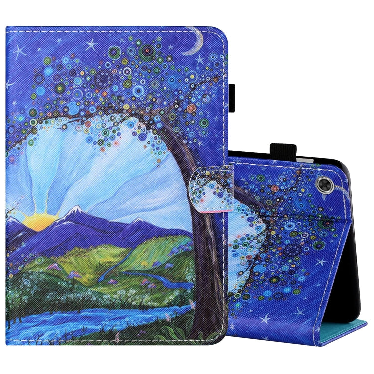 Tablet folio leather case with pen cover, blue starry landscape print, open front stand