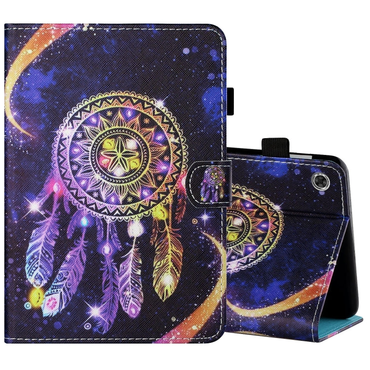 Tablet folio leather case with pen cover, purple dreamcatcher print, open stand angle