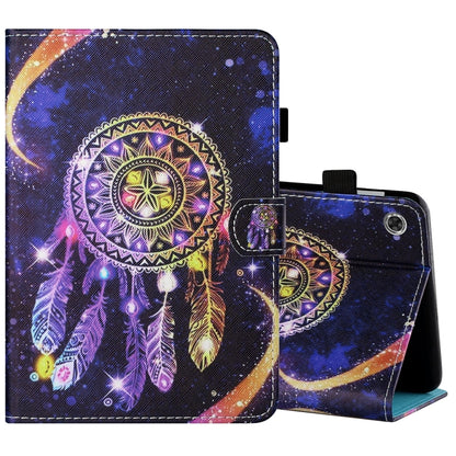 Tablet folio leather case with pen cover, purple dreamcatcher print, open stand angle