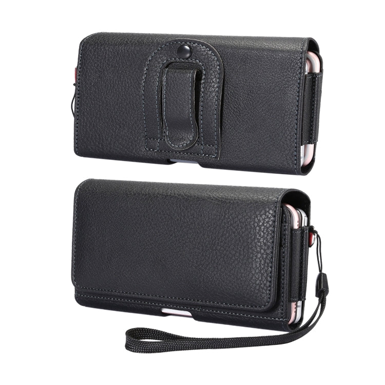 Black PU leather flip phone case with belt clip and attached lanyard
