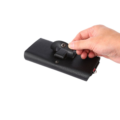 Black PU leather phone bag with flip tab and front snap button