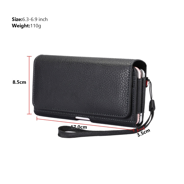 Black PU leather waist bag phone case with strap and size dimensions