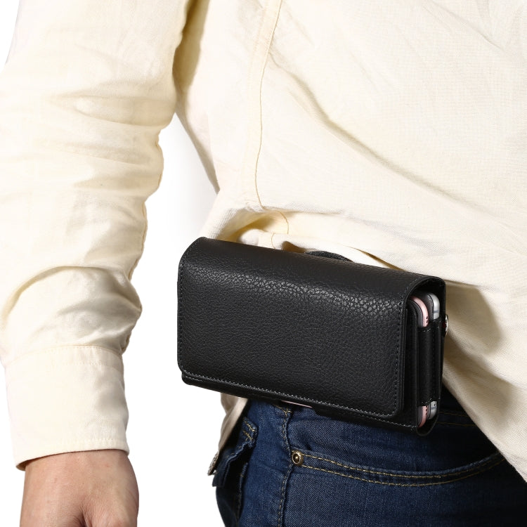 Black PU leather flip phone waist bag worn on a belt over jeans