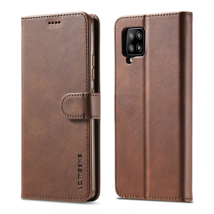 Brown leather flip phone case with front flap and card-holder strap; camera cutout on back.