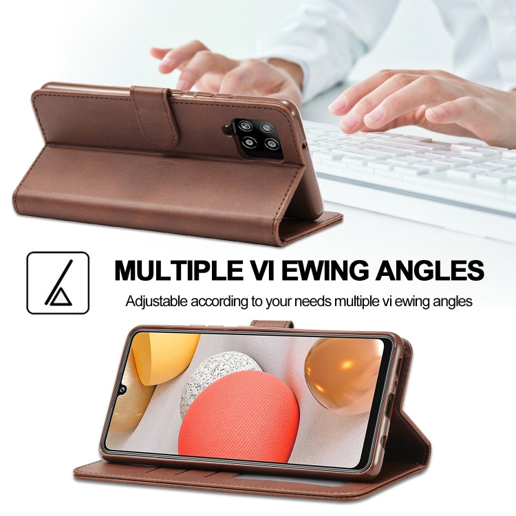 Brown leather folio flip case opened with stand angle for viewing; side and camera cutouts.
