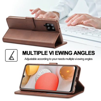 Brown leather folio flip case opened with stand angle for viewing; side and camera cutouts.
