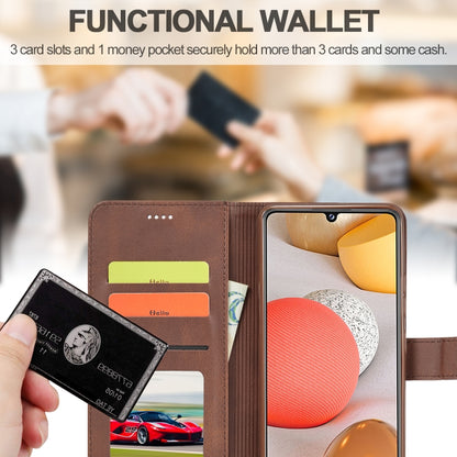 Brown leather wallet flip case showing inner card slots and cash pocket with phone inside.