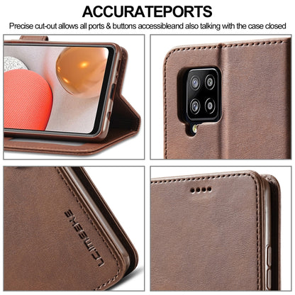 Brown leather flip phone case close-ups of stitching, camera cutout, and side port openings.
