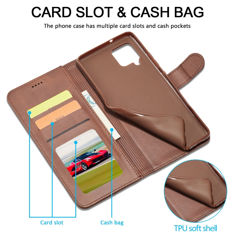 Brown leather flip phone case with card slots on wallet panel and cash pocket flap.