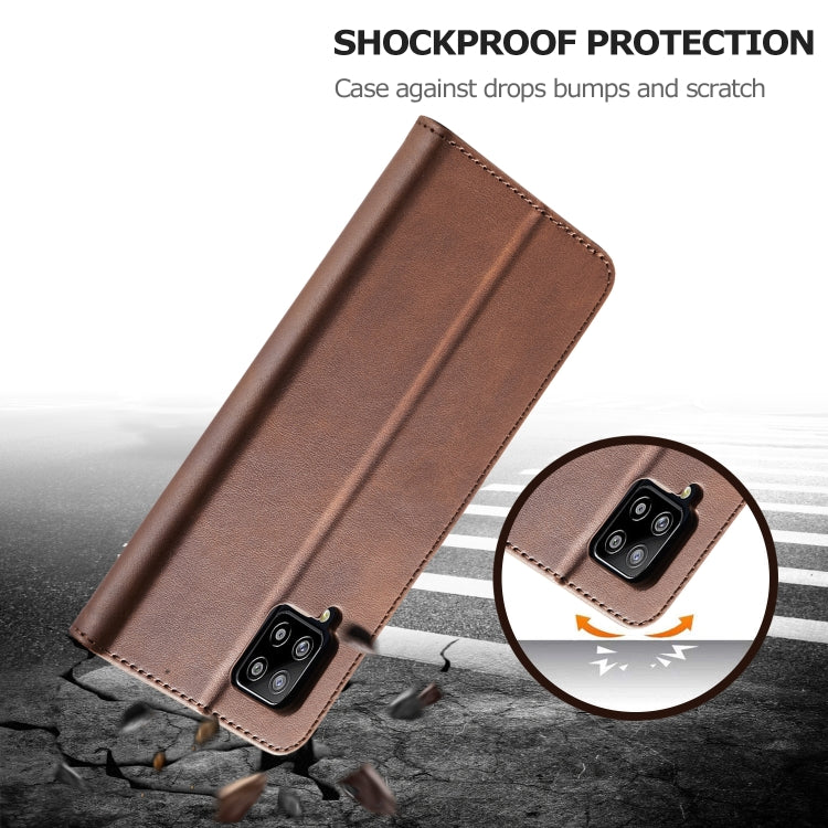Brown leather flip phone case lying at an angle; camera cutout shown on back panel.