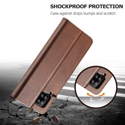 Brown leather flip phone case lying at an angle; camera cutout shown on back panel.