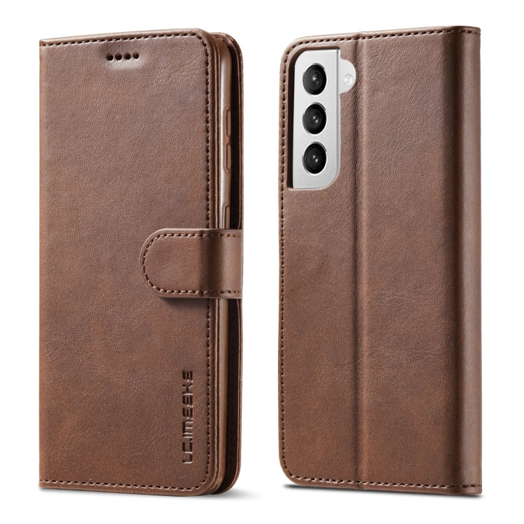 Brown LC.IMEEKE flip leather case with card holder and camera cutout.