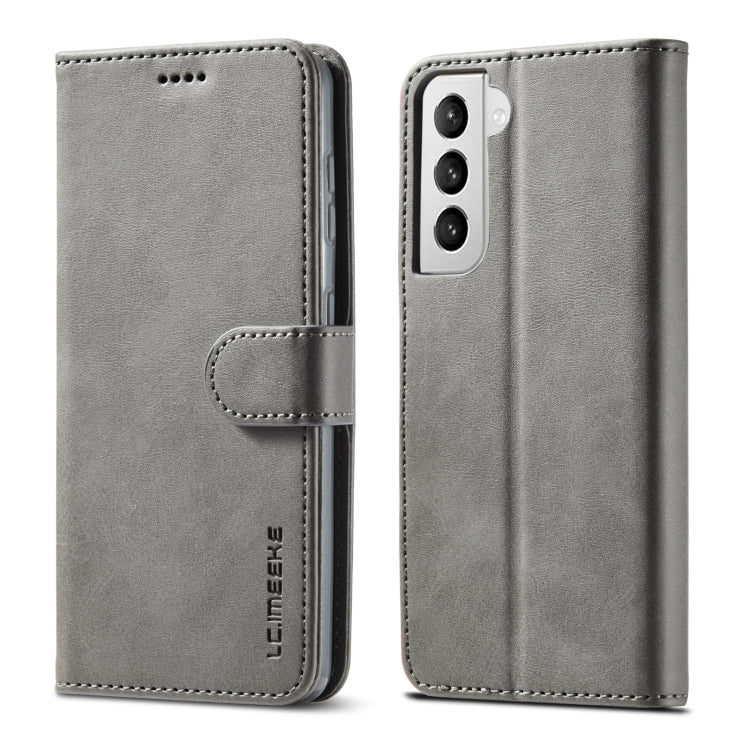 Grey leather flip case; back shows camera cutouts and stitched edges