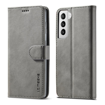 Grey leather flip case with card holder visible from front and back
