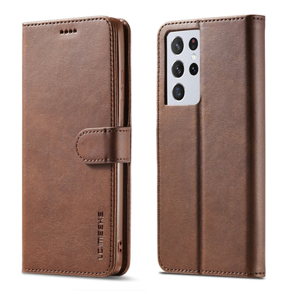 Brown LC.IMEEKE flip leather case with card holder and multi-lens camera opening.
