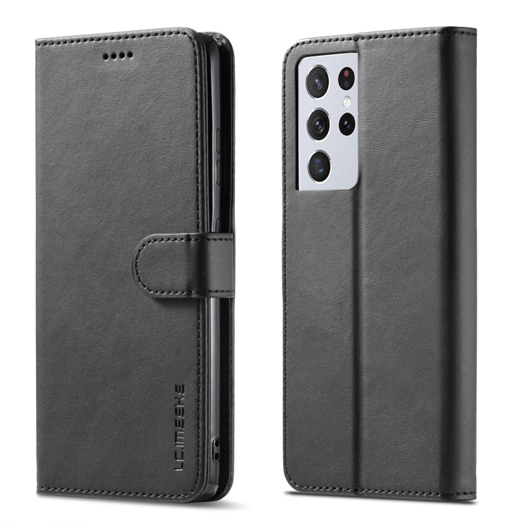 Black LC.IMEEKE flip leather case with card holder and dual-lens camera cutout.