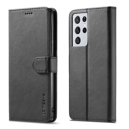 Black LC.IMEEKE flip leather case with card holder and dual-lens camera cutout.