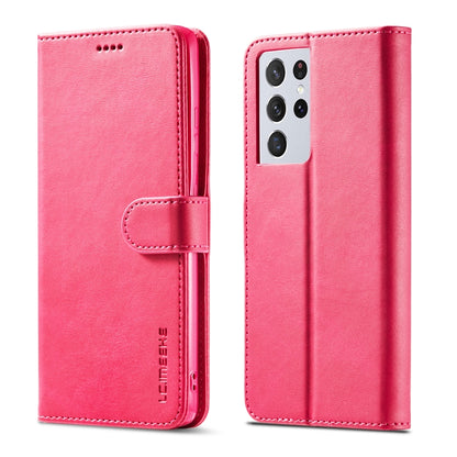 Flip leather phone wallet case, pink/red, card holder and camera window