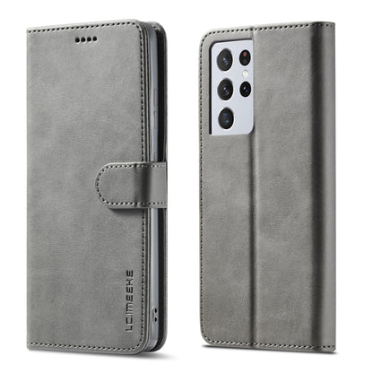 Grey leather flip phone case with card holder and magnetic strap