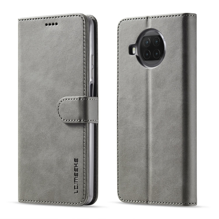 Grey leather flip phone case with card holder; camera cutout on back