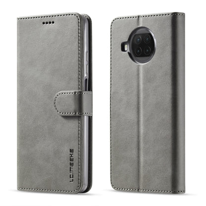 Grey leather flip phone case with card holder; camera cutout on back
