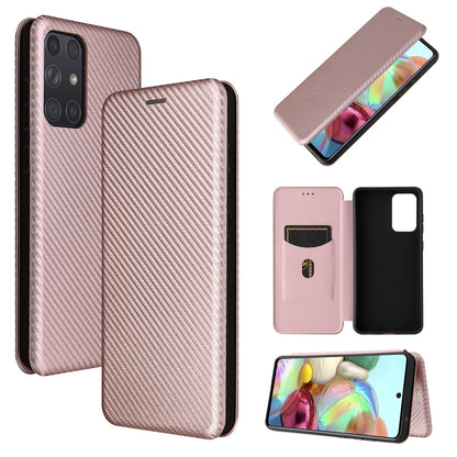 Light pink carbon fiber magnetic flip phone case with card slot, closed and open views
