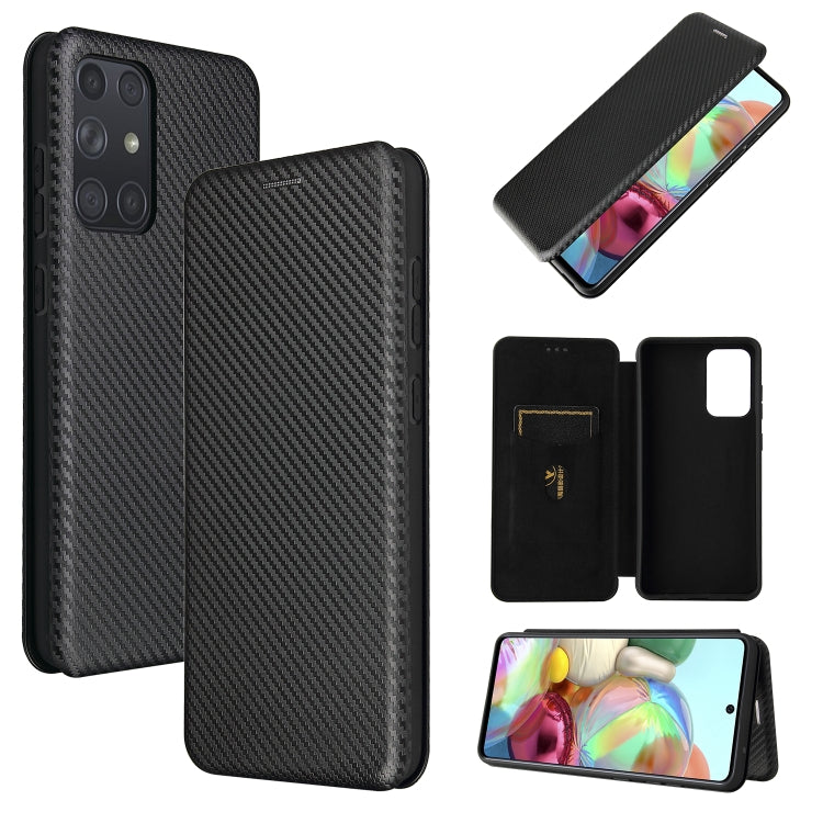 Black carbon fiber magnetic flip phone case with card slot, closed and open views