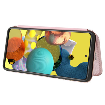 Pink carbon fiber magnetic flip phone case used as a stand for viewing