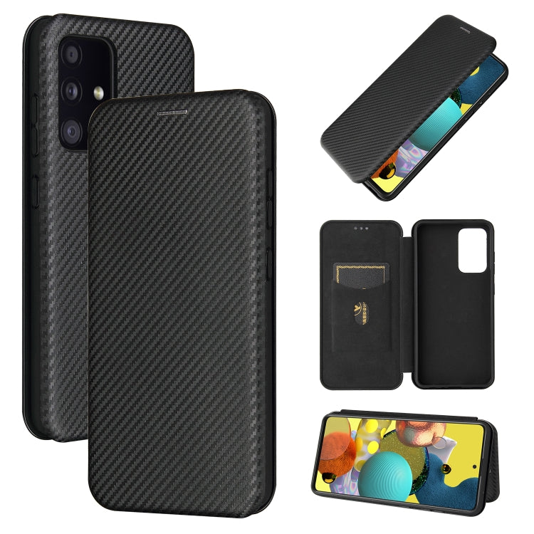 Black carbon fiber magnetic flip phone case with card slot, shown with screen cover open