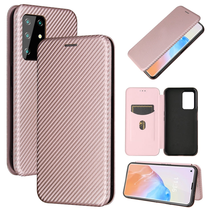 Magnetic flip phone case with carbon fiber texture, card slot, pink PU/TPU shell