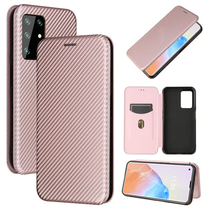 Magnetic flip phone case with carbon fiber texture, card slot, pink PU/TPU shell