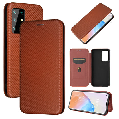 Magnetic flip phone case with carbon fiber texture, card slot, chestnut brown PU/TPU shell