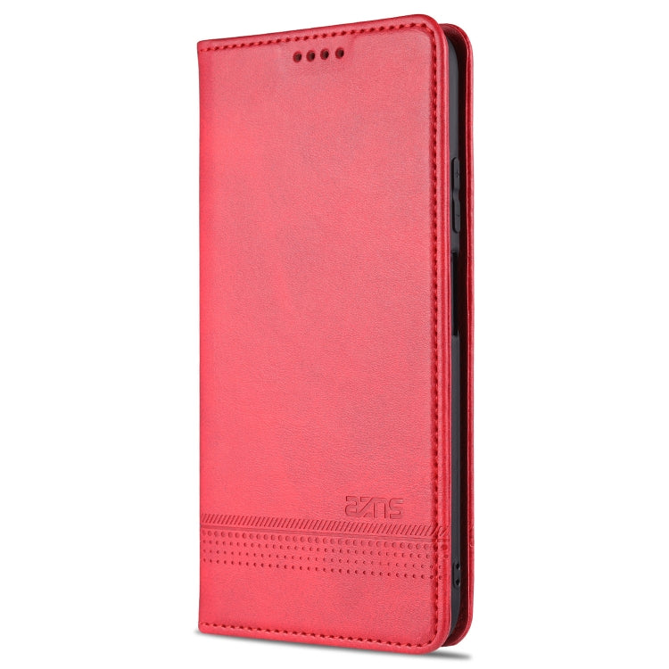 AZNS magnetic flip leather case with card slots, red, front view with stitch detail
