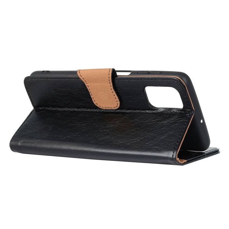 Black nappa leather flip phone case with tan interior trim and front hand strap