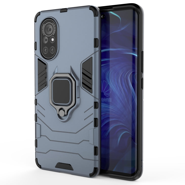 Shockproof phone case with magnetic ring holder, light blue hard shell with camera cutouts