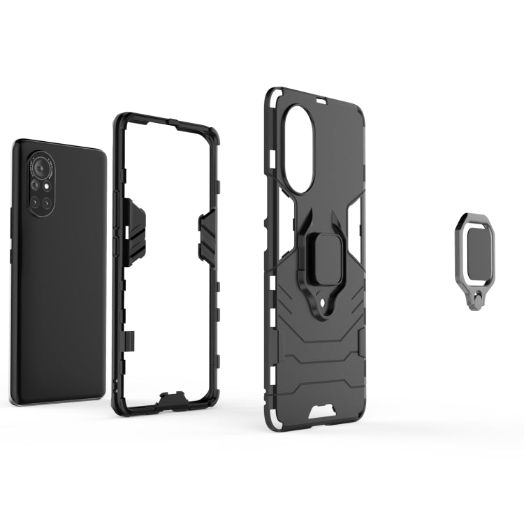 Shockproof phone case with magnetic ring holder, black hard shell with side cutouts
