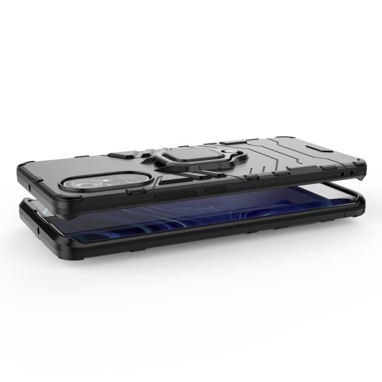 Shockproof phone case with magnetic ring holder, black hard shell with raised edges