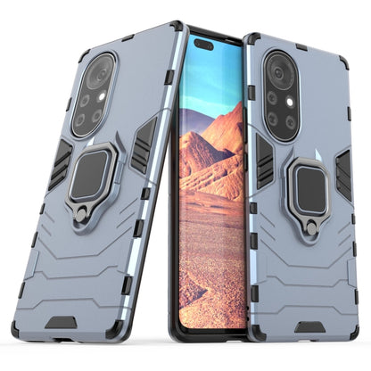 Shockproof phone case with magnetic ring holder, light blue hard shell with camera cutouts