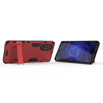 Red shockproof phone case with built-in kickstand for landscape viewing