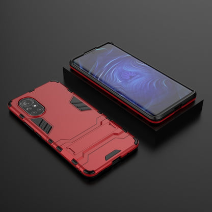 Red shockproof phone case with kickstand and rugged armor protection for corners