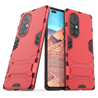 Red shockproof phone case with rugged armor design and dual camera cutouts