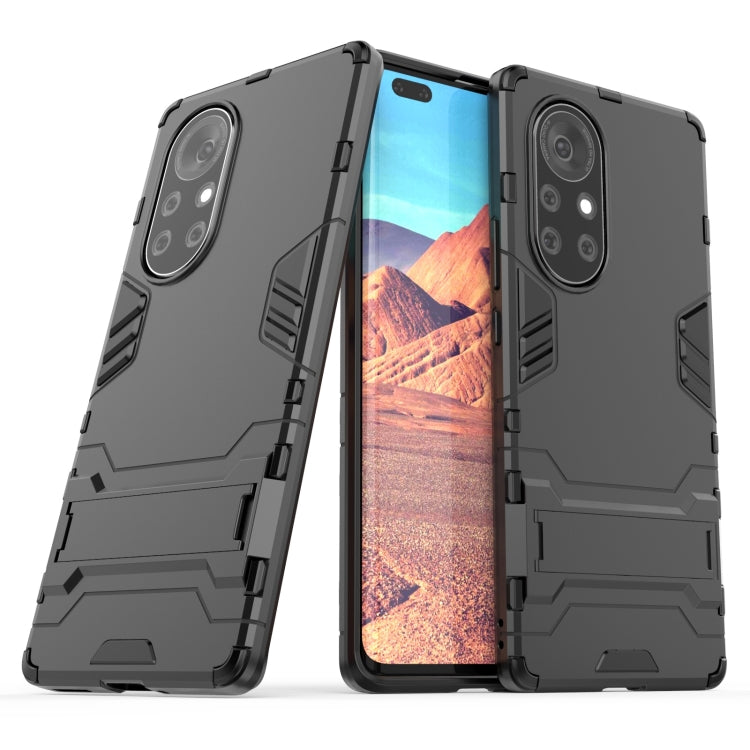 Black shockproof protective phone case with rugged armor texture and dual camera cutout
